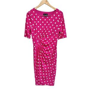 Connected Apparel Faux Wrap Dress Size 10 Petite Pink Polka Dot Short Sleeve NWT